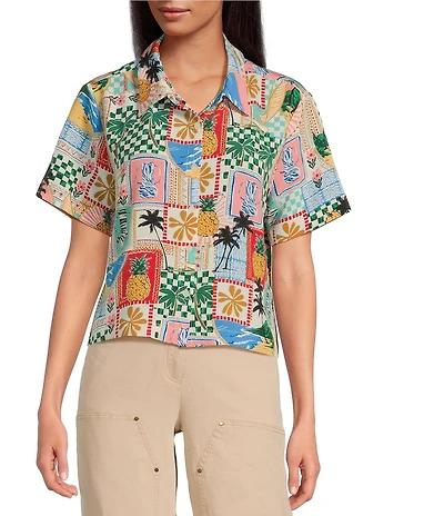 Skies Are Blue Postcard Print Button Front Point Collar Neck Short Sleeve Shirt