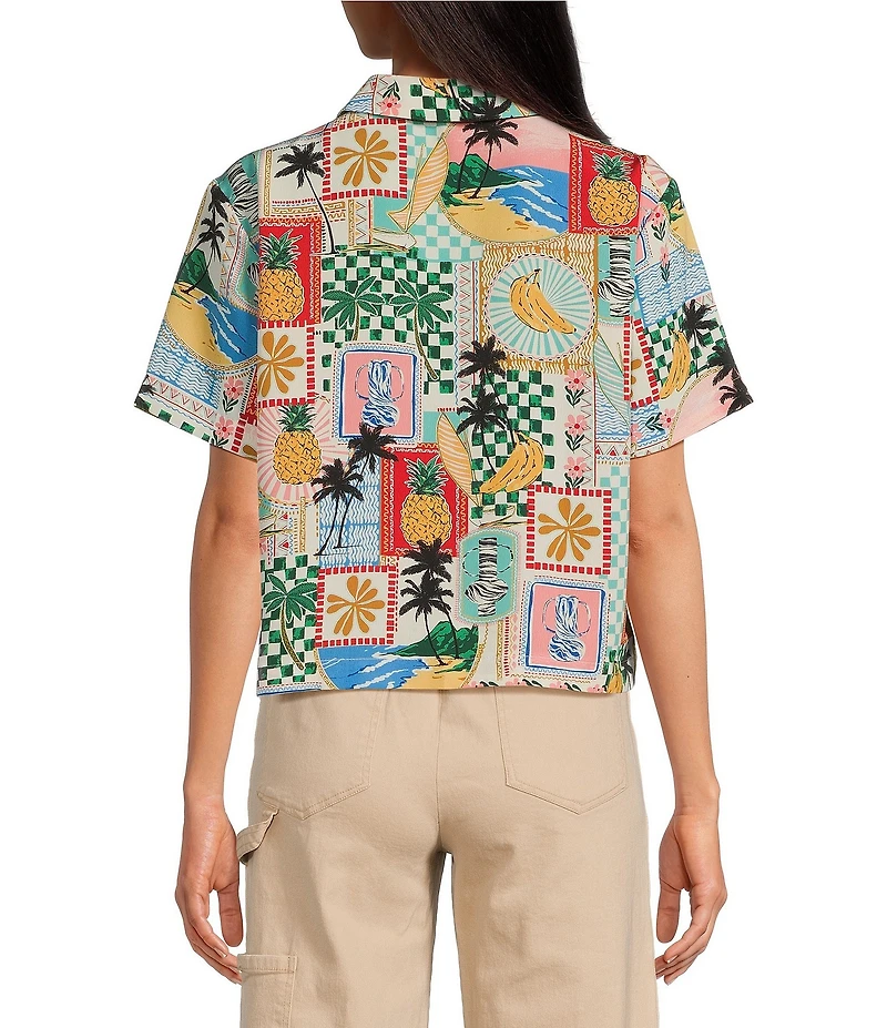 Skies Are Blue Postcard Print Button Front Point Collar Neck Short Sleeve Shirt