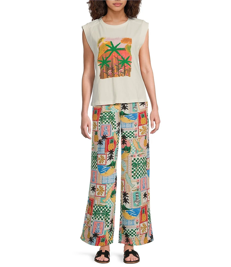 Skies Are Blue Postcard Printed High Waist Wide Leg Elastic Back Pant