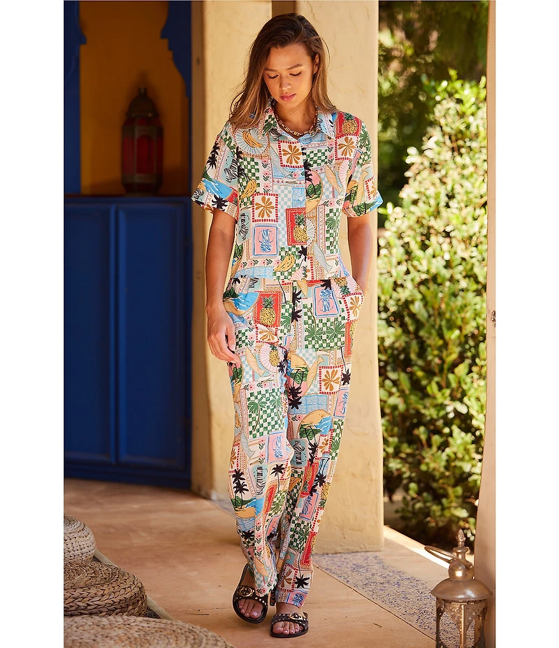 Skies Are Blue Postcard Printed High Waist Wide Leg Elastic Back Pant