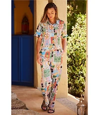 Skies Are Blue Postcard Printed High Waist Wide Leg Elastic Back Pant