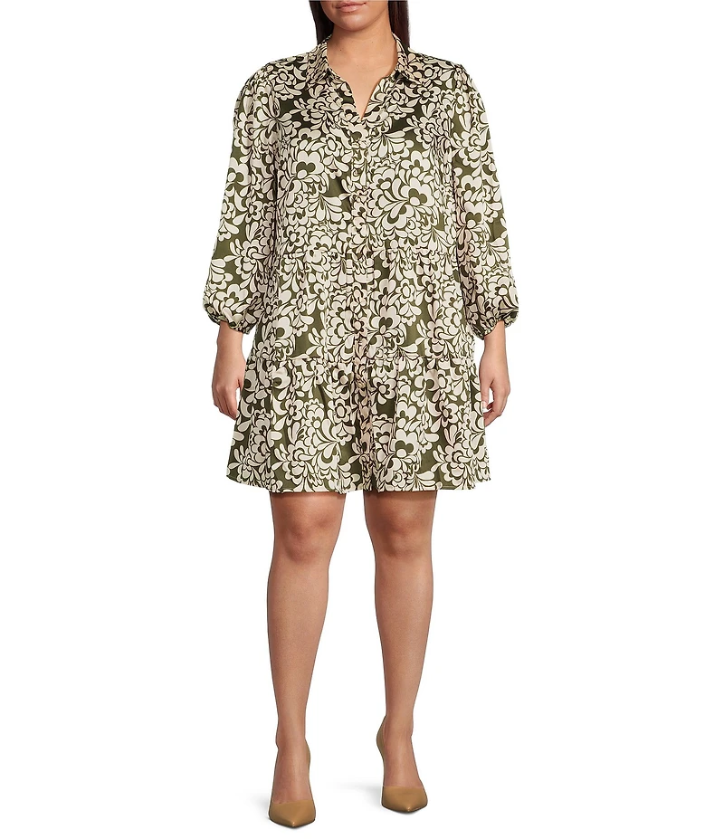 Skies Are Blue Print Point Collar Long Sleeve Button Front Tiered A-Line Dress