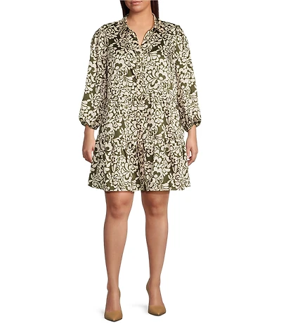 Skies Are Blue Print Point Collar Long Sleeve Button Front Tiered A-Line Dress