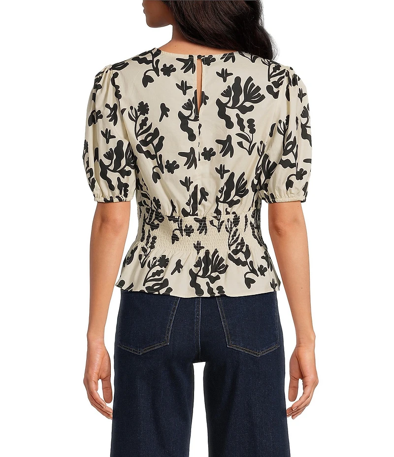 Skies Are Blue Printed Cotton Poplin Crew Neck Short Sleeve Criss Cross Front Top