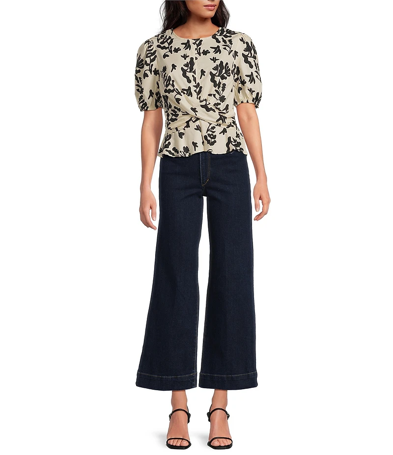 Skies Are Blue Printed Cotton Poplin Crew Neck Short Sleeve Criss Cross Front Top
