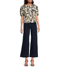 Skies Are Blue Printed Cotton Poplin Crew Neck Short Sleeve Criss Cross Front Top