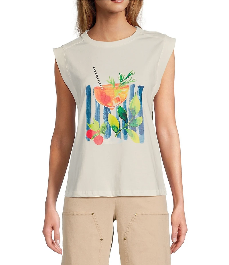 Skies Are Blue Printed Crew Neck Sleeveless Tee