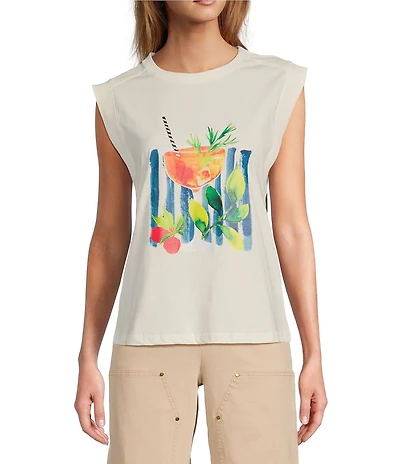 Skies Are Blue Printed Crew Neck Sleeveless Tee
