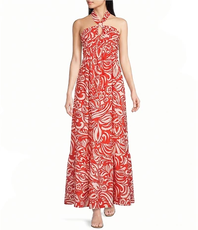 Skies Are Blue Printed Halter Neck Sleeveless Tiered Maxi Dress