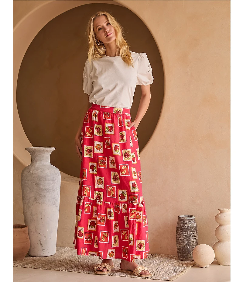 Skies Are Blue Printed Linen Blend Tiered Coordinating Maxi Skirt