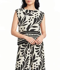 Skies Are Blue Printed Round Neck Cap Sleeve Coordinating Top