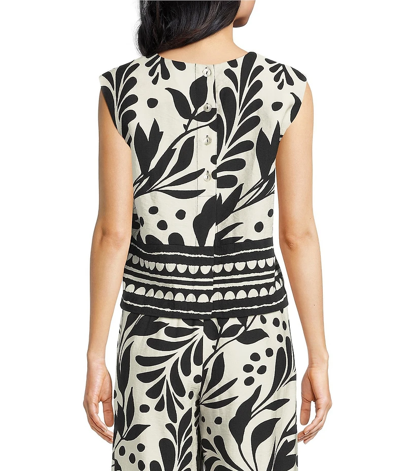 Skies Are Blue Printed Round Neck Cap Sleeve Coordinating Top