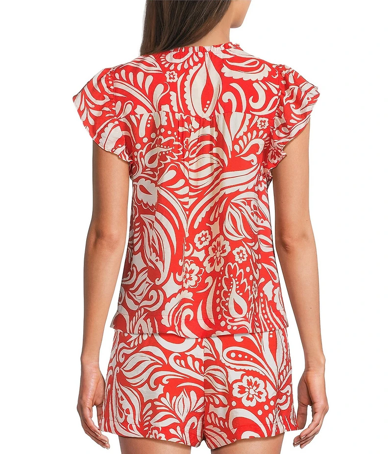 Skies Are Blue Printed Split V-Neck Ruffle Sleeve Coordinating Top