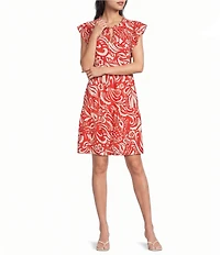 Skies Are Blue Printed Split V-Neck Ruffle Sleeve Tiered Mini Dress