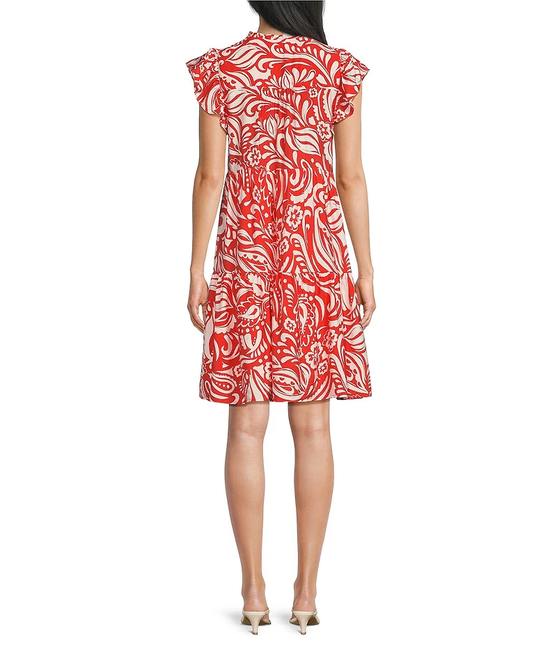 Skies Are Blue Printed Split V-Neck Ruffle Sleeve Tiered Mini Dress