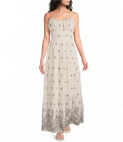 Skies Are Blue Printed Sweetheart Neck Sleeveless Tiered Maxi Dress