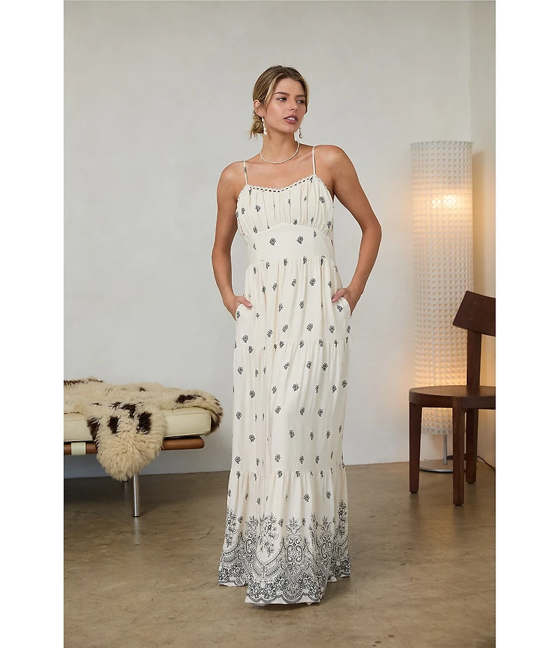 Skies Are Blue Printed Sweetheart Neck Sleeveless Tiered Maxi Dress