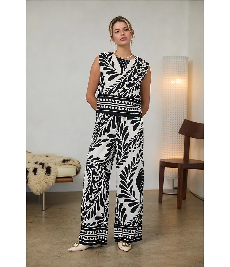 Skies Are Blue Printed Wide Leg Pull On Coordinating Pants