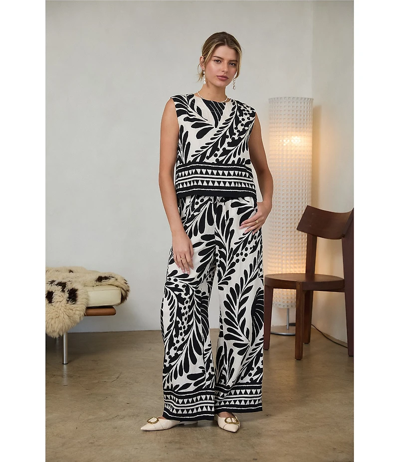 Skies Are Blue Printed Wide Leg Pull On Coordinating Pants