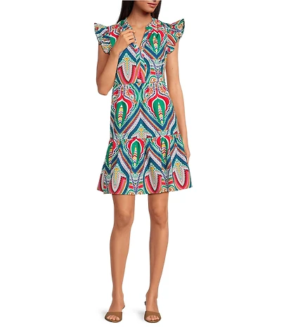 Skies Are Blue Printed Woven Split V-Neck Cap Sleeves Ruffle Tiered Babydoll Dress