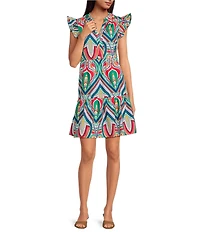 Skies Are Blue Printed Woven Split V-Neck Cap Sleeves Ruffle Tiered Babydoll Dress