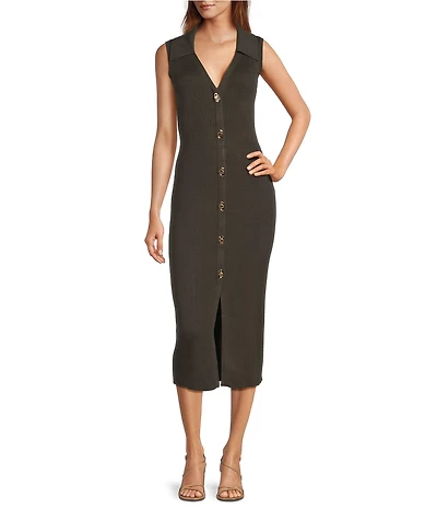Skies Are Blue Rib Knit V Neck Sleeveless Button Front Midi Dress