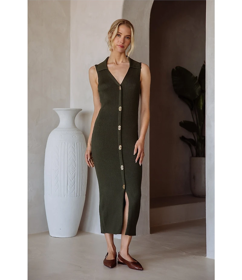Skies Are Blue Rib Knit V Neck Sleeveless Button Front Midi Dress