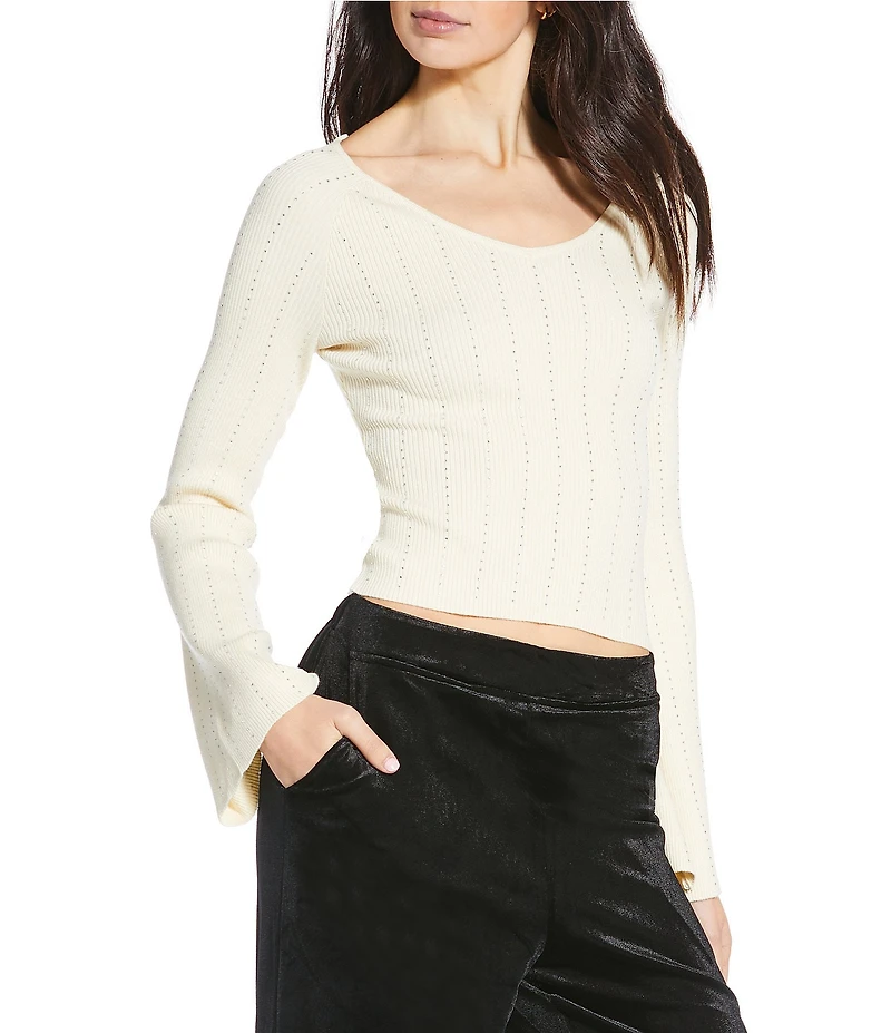 Skies Are Blue Ribbed Knit Rhinestone Embellished V-Neck Flared Long Sleeve Sweater