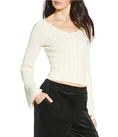 Skies Are Blue Ribbed Knit Rhinestone Embellished V-Neck Flared Long Sleeve Sweater