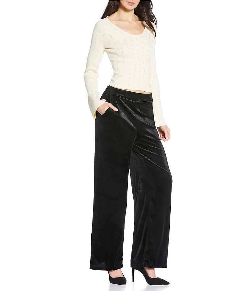 Skies Are Blue Ribbed Knit Rhinestone Embellished V-Neck Flared Long Sleeve Sweater