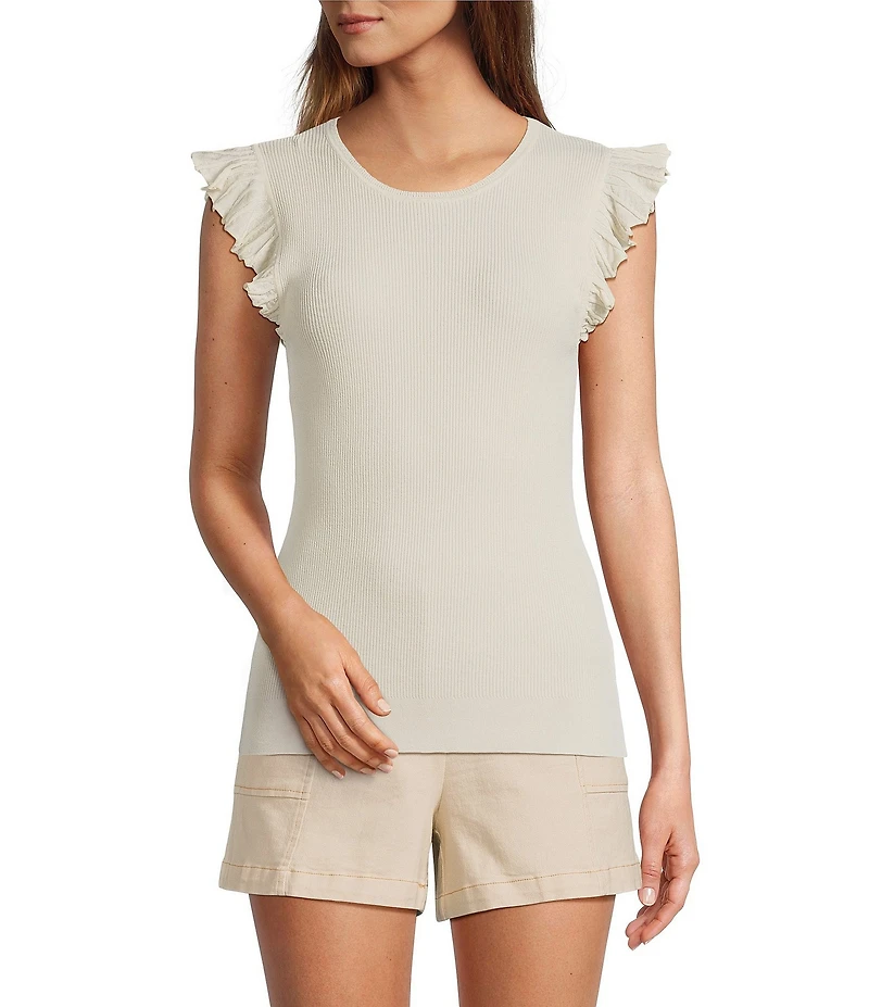 Skies Are Blue Ruffle Crew Neck Cap Sleeve Knit Top