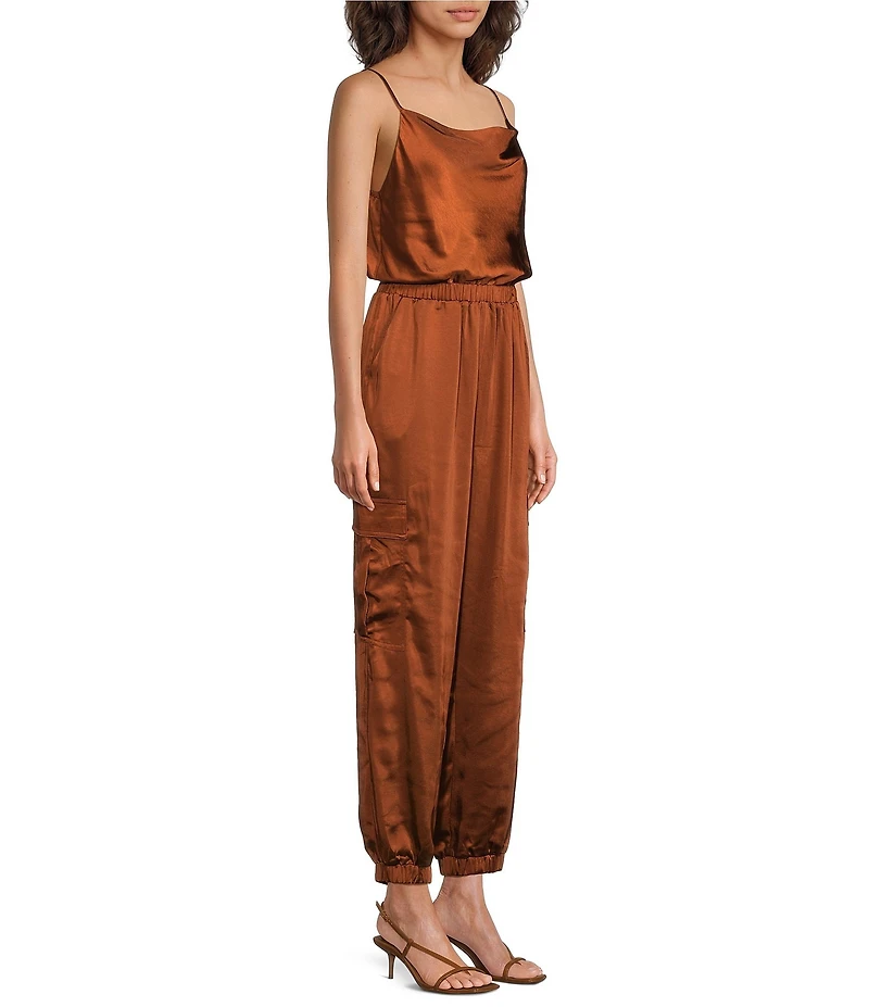 Skies Are Blue Satin Cowl Neck Sleeveless Cargo Pocket Jogger Jumpsuit