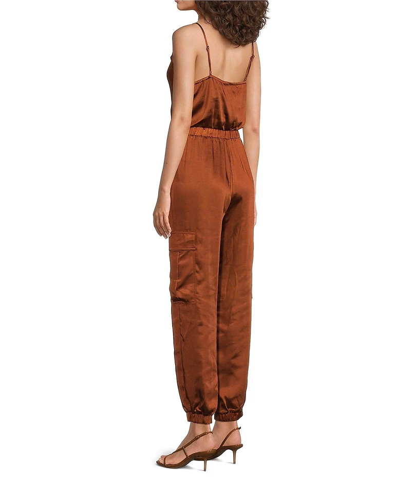 Skies Are Blue Satin Cowl Neck Sleeveless Cargo Pocket Jogger Jumpsuit