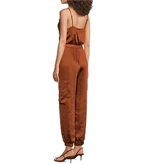 Skies Are Blue Satin Cowl Neck Sleeveless Cargo Pocket Jogger Jumpsuit