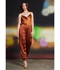Skies Are Blue Satin Cowl Neck Sleeveless Cargo Pocket Jogger Jumpsuit