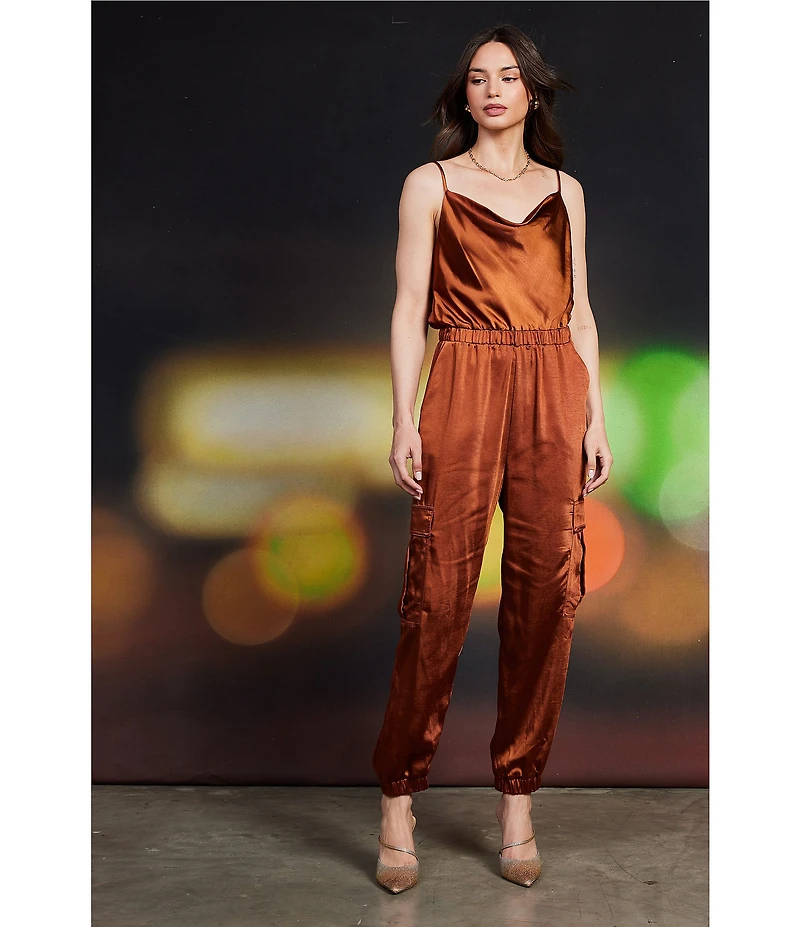 Skies Are Blue Satin Cowl Neck Sleeveless Cargo Pocket Jogger Jumpsuit