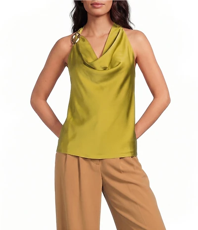 Skies Are Blue Satin Cowl Neck with Hardware Sleeveless Halter Top