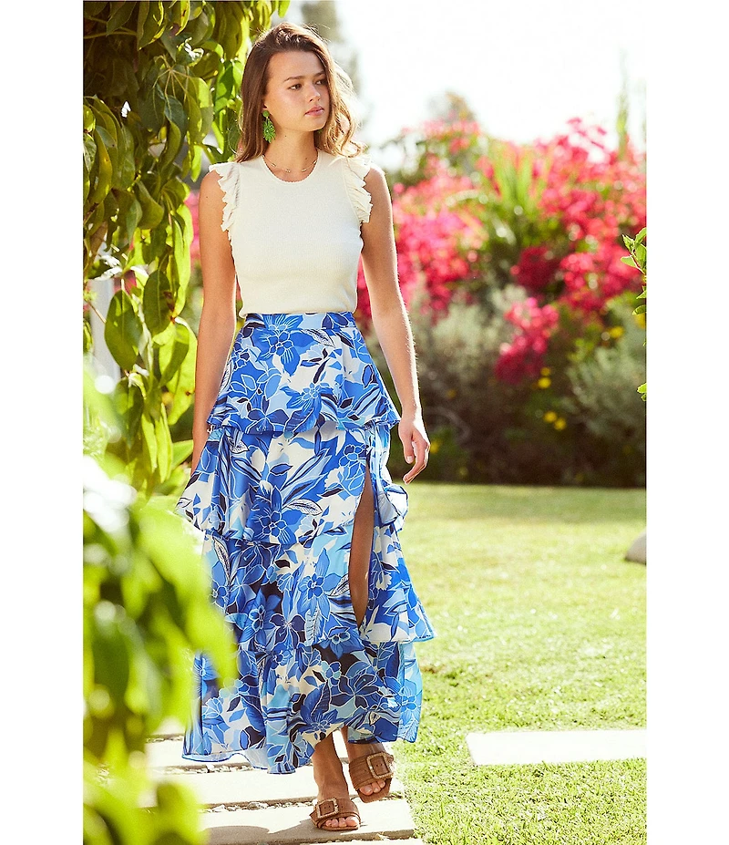 Skies Are Blue Coordinating Satin Floral Printed Tier Maxi Skirt