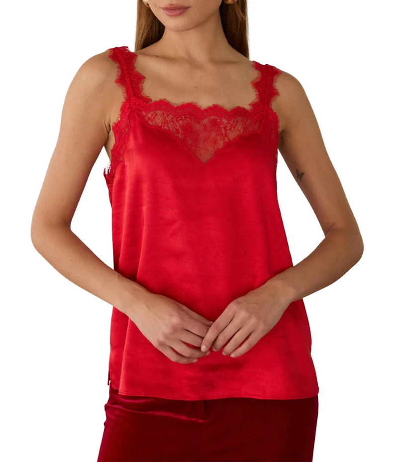 Skies Are Blue Satin V-Neck Sleeveless Delicate Lace Trimmed Cami