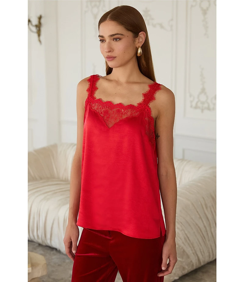 Skies Are Blue Satin V-Neck Sleeveless Delicate Lace Trimmed Cami