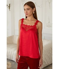 Skies Are Blue Satin V-Neck Sleeveless Delicate Lace Trimmed Cami