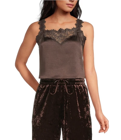 Skies Are Blue Satin V-Neck Sleeveless Delicate Lace Trimmed Cami