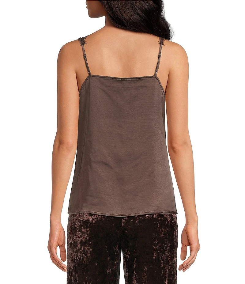 Skies Are Blue Satin V-Neck Sleeveless Delicate Lace Trimmed Cami