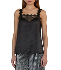 Skies Are Blue Satin V-Neck Sleeveless Delicate Lace Trimmed Cami