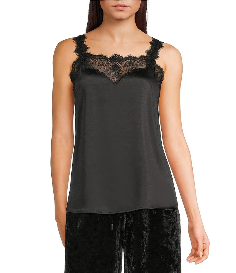 Skies Are Blue Satin V-Neck Sleeveless Delicate Lace Trimmed Cami