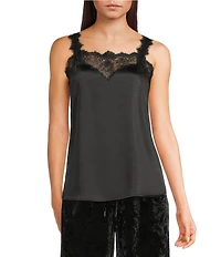 Skies Are Blue Satin V-Neck Sleeveless Delicate Lace Trimmed Cami