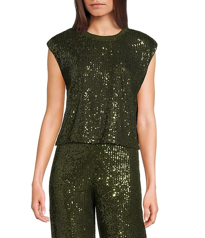 Skies Are Blue Sequin Crew Neck Sleeveless Tank Top