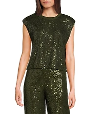 Skies Are Blue Sequin Crew Neck Sleeveless Tank Top