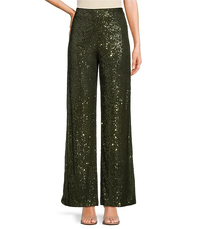 Skies Are Blue Sequin High Waist Semi-Flare Leg Pull-On Pants