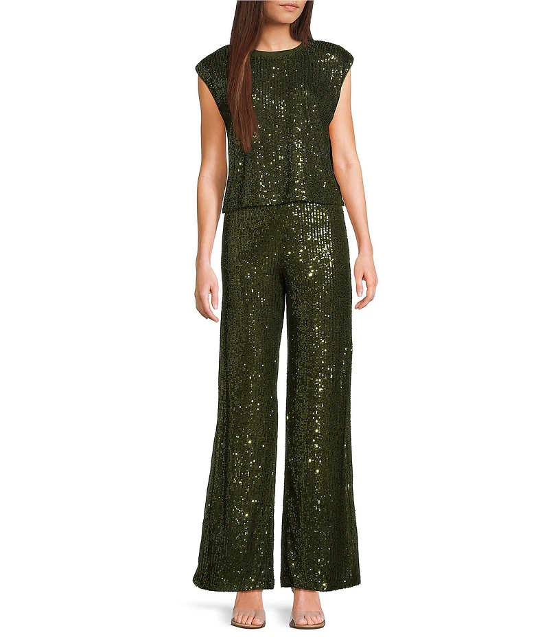 Skies Are Blue Sequin High Waist Semi-Flare Leg Pull-On Pants